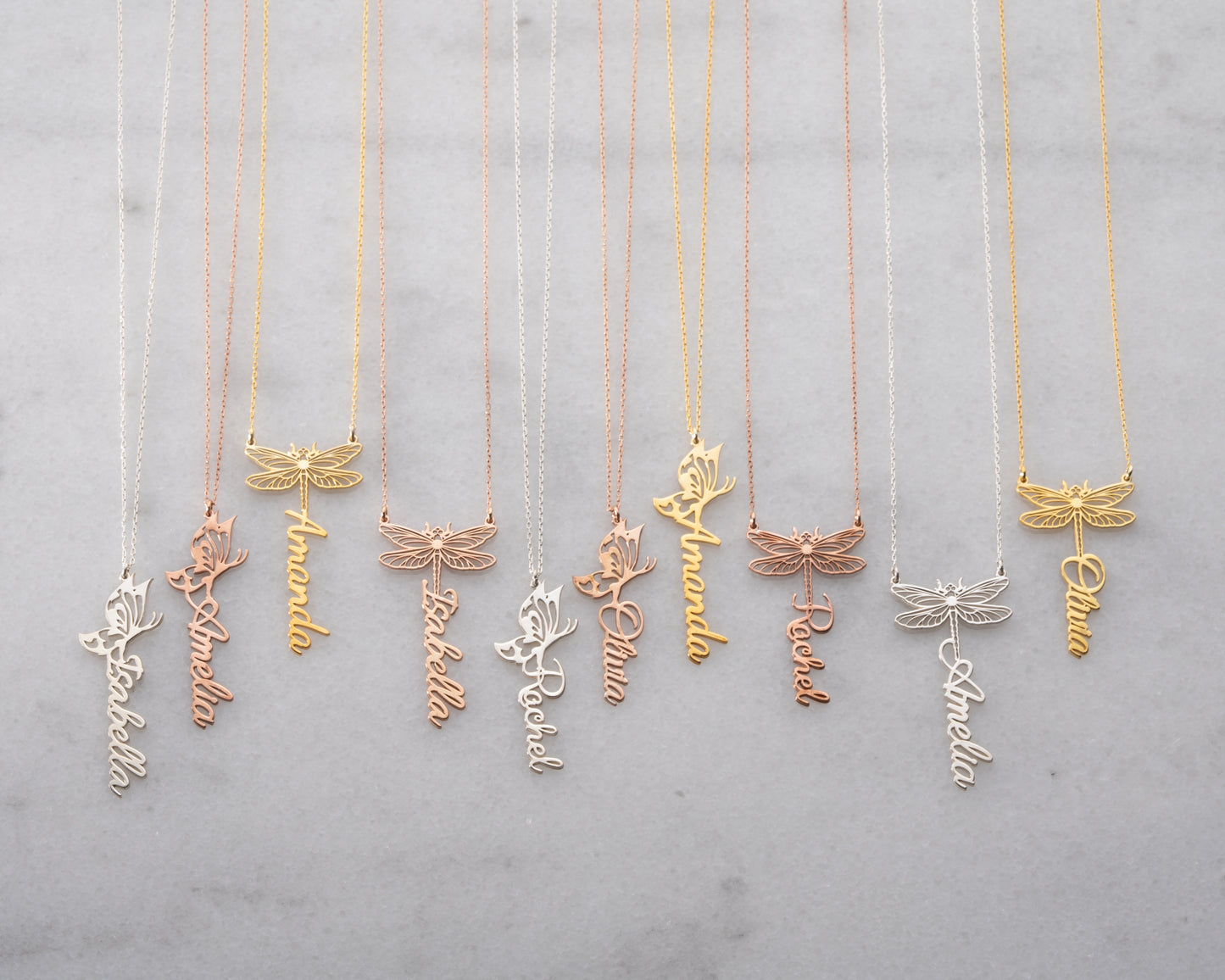 Personalized butterfly and dragonfly name necklace detail 14