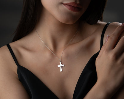 Celtic cross necklace on model