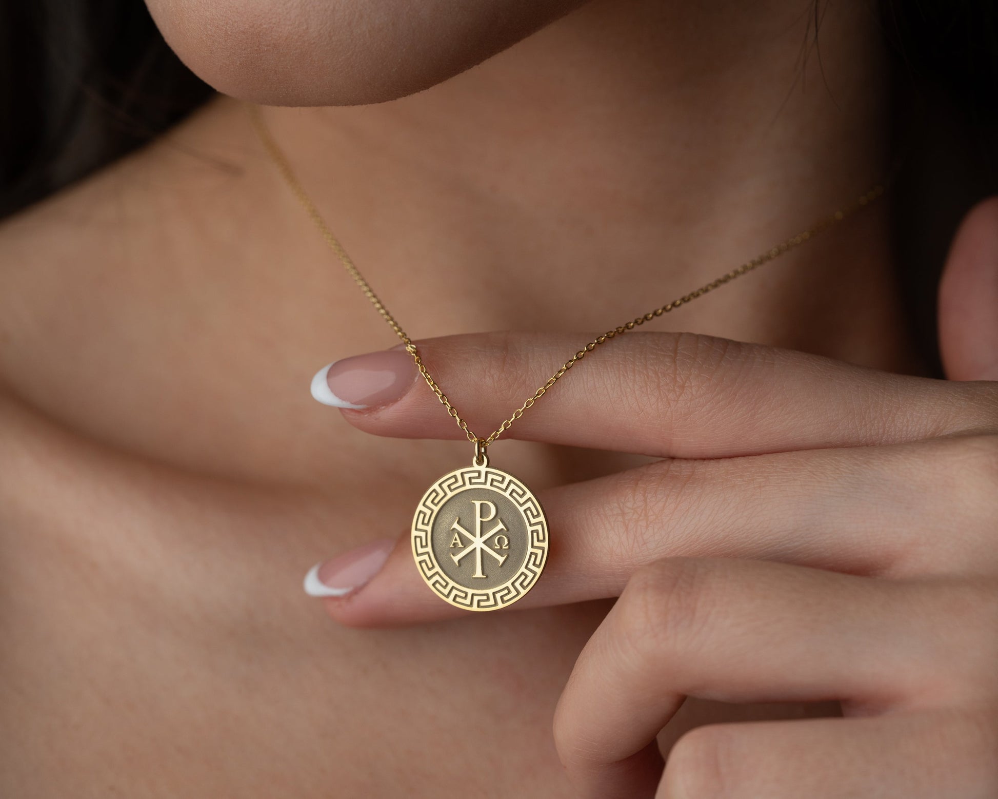 Chi Rho necklace on model