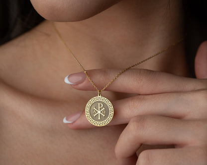 Chi Rho necklace on model