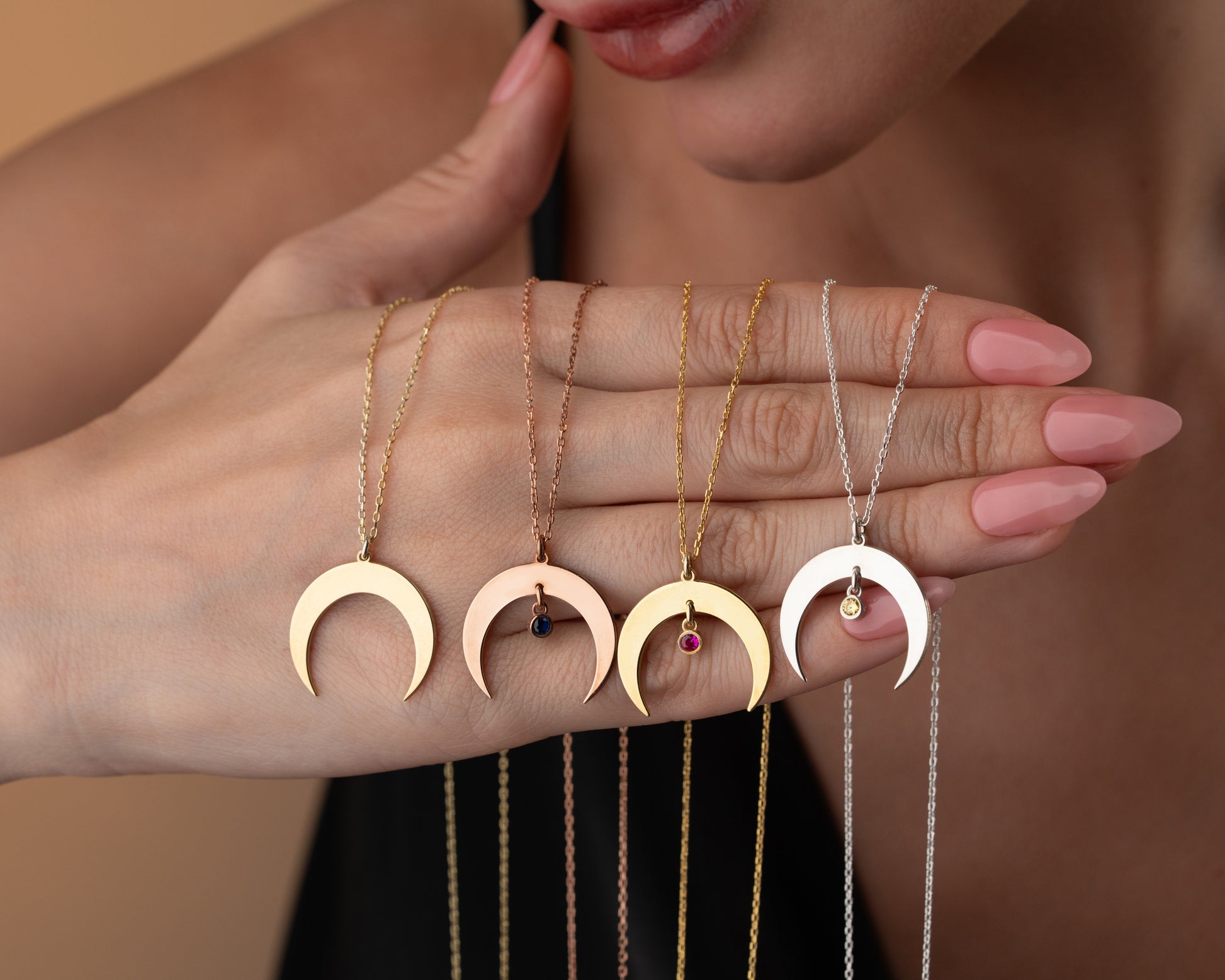 Crescent birthstone necklace in multiple finishes