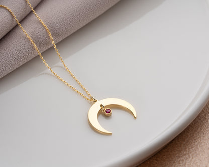 Birthstone crescent pendant necklace close-up