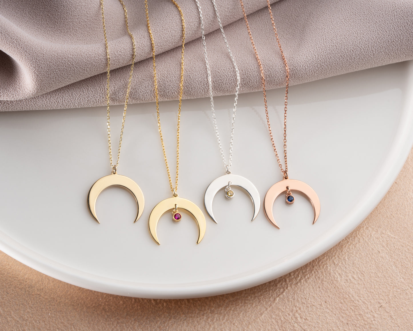 Minimal crescent necklace with colored stone