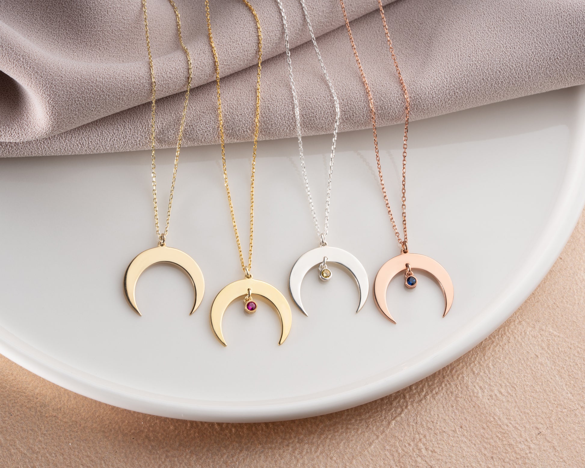 Minimal crescent necklace with colored stone
