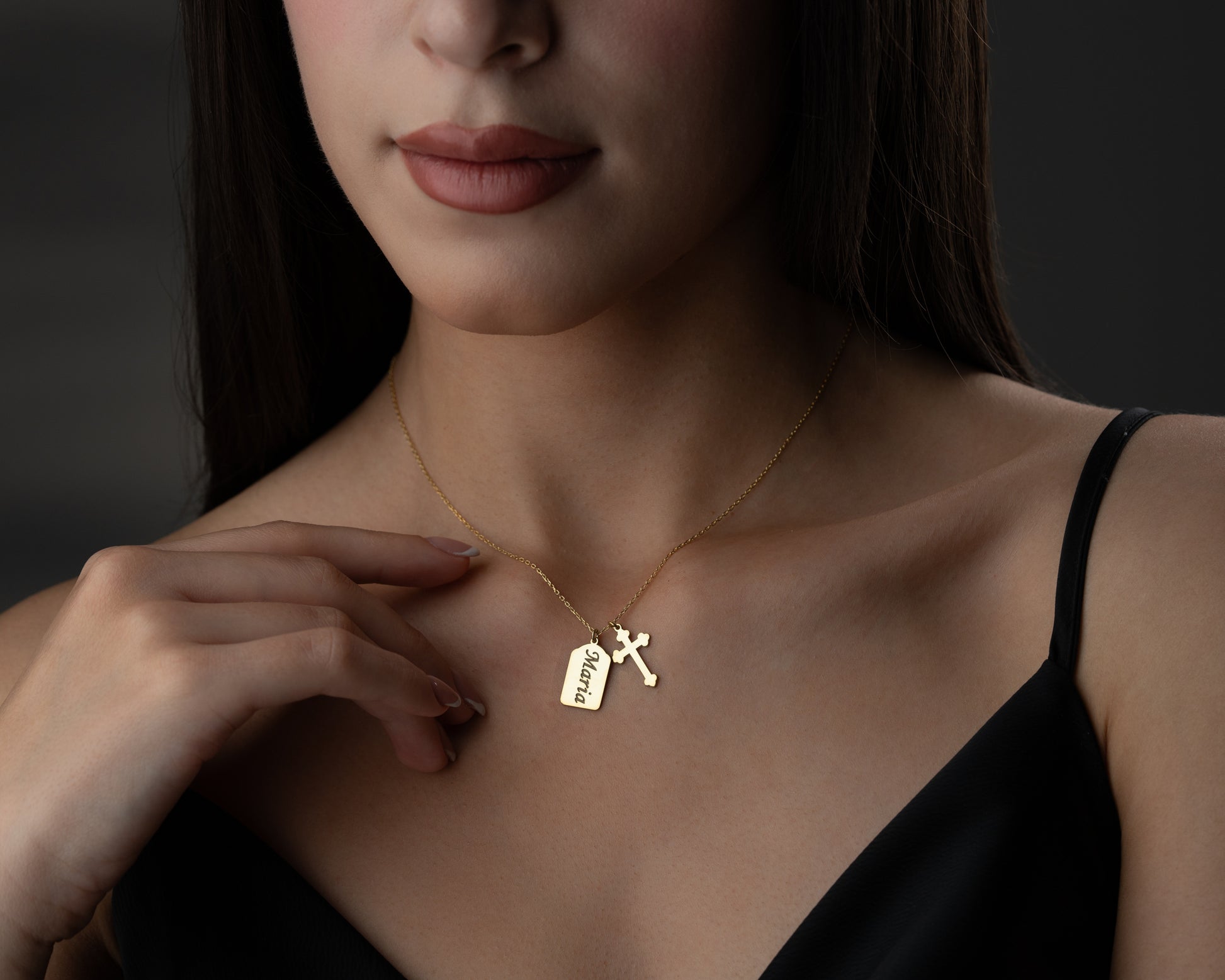 Gold personalized name cross necklace lifestyle photo