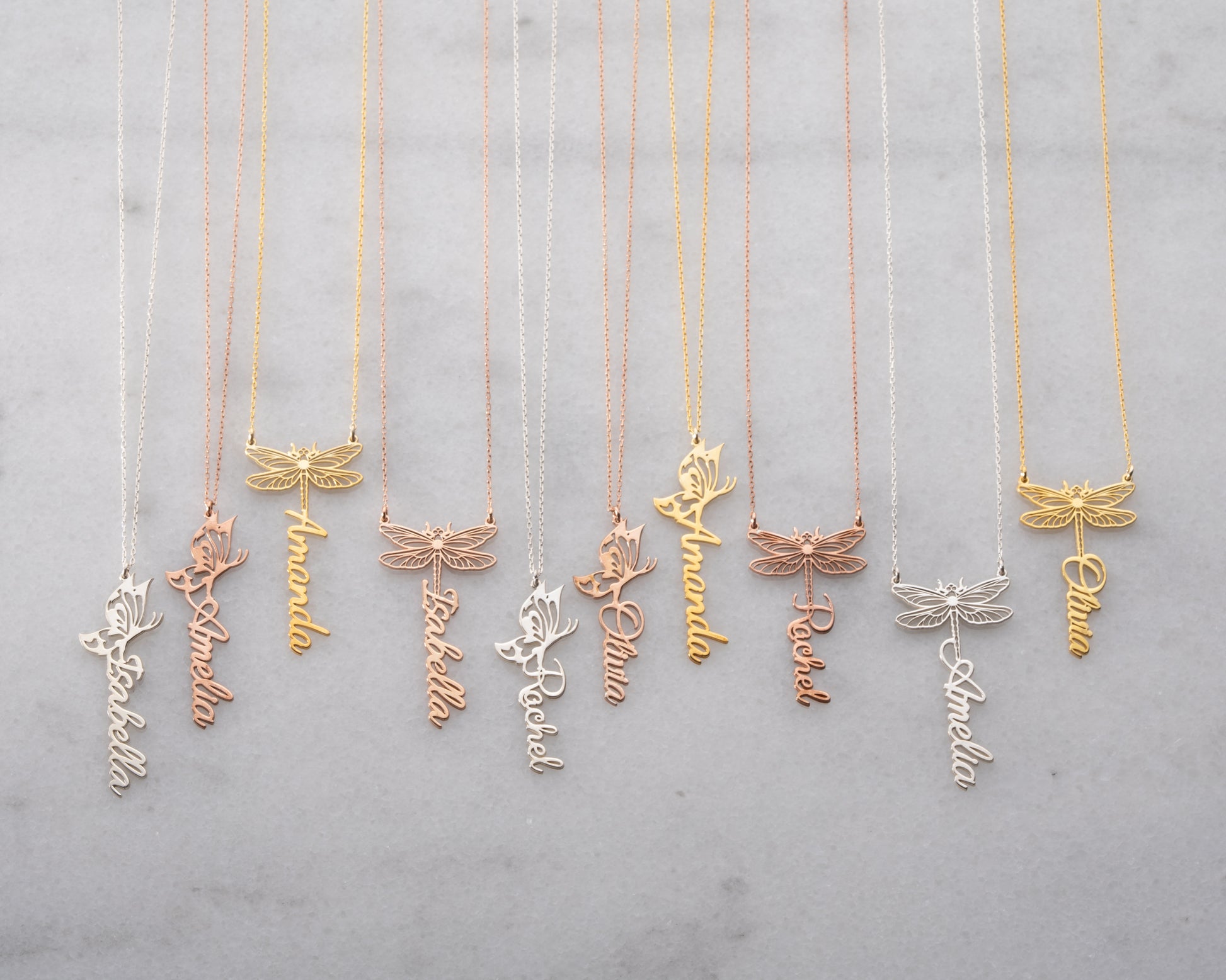 Personalized butterfly and dragonfly name necklace detail 14