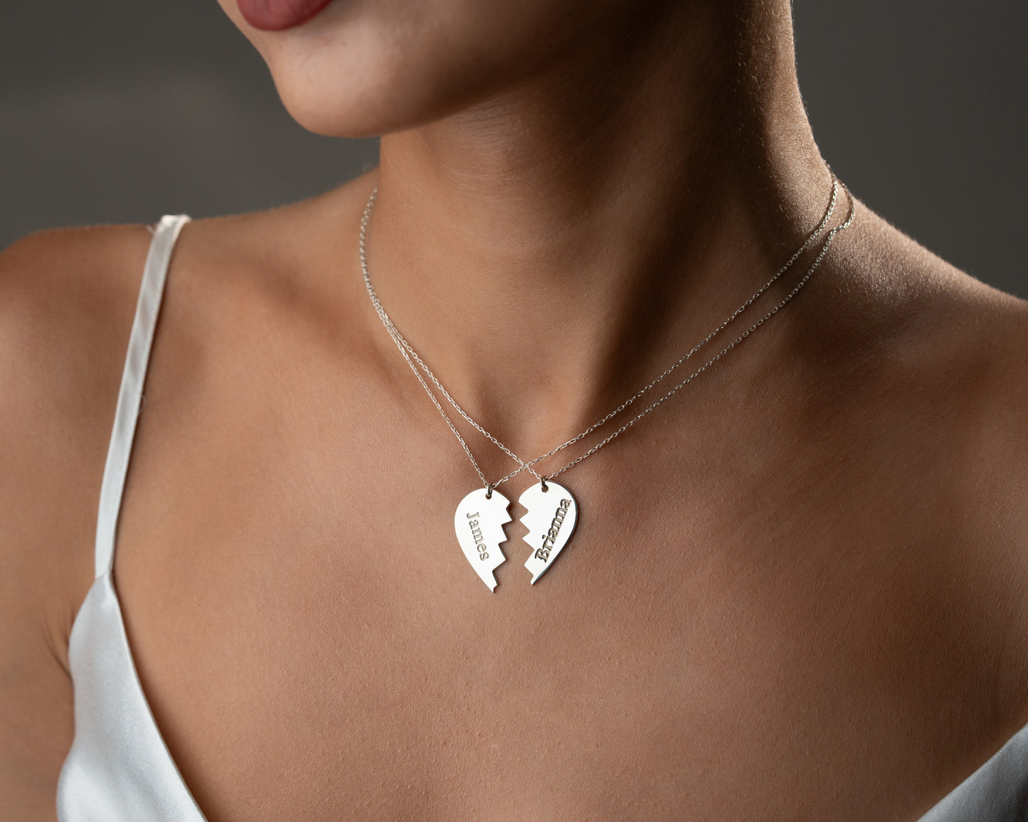 Personalized matching heart necklace set detail 9