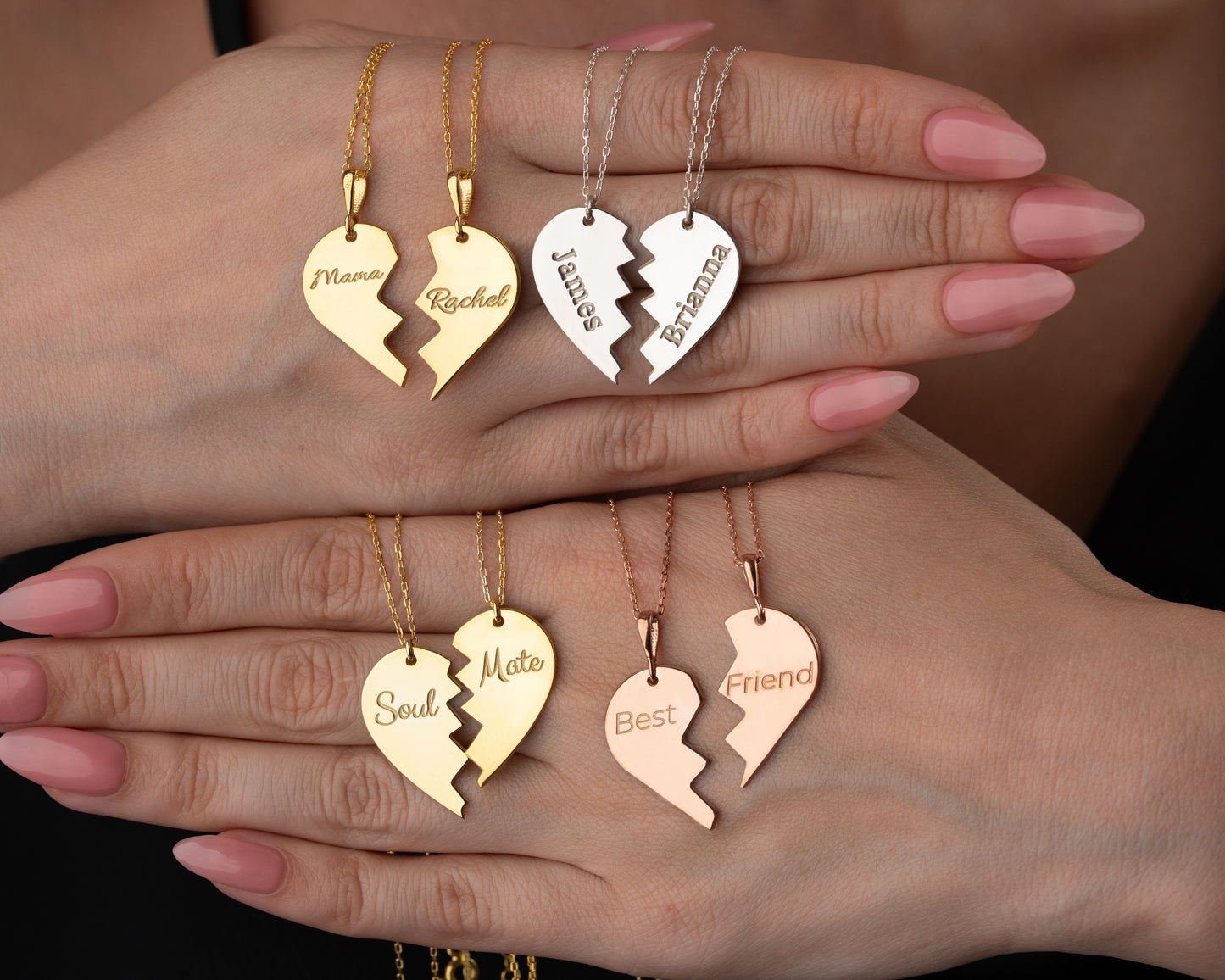Personalized matching heart necklace set detail 5