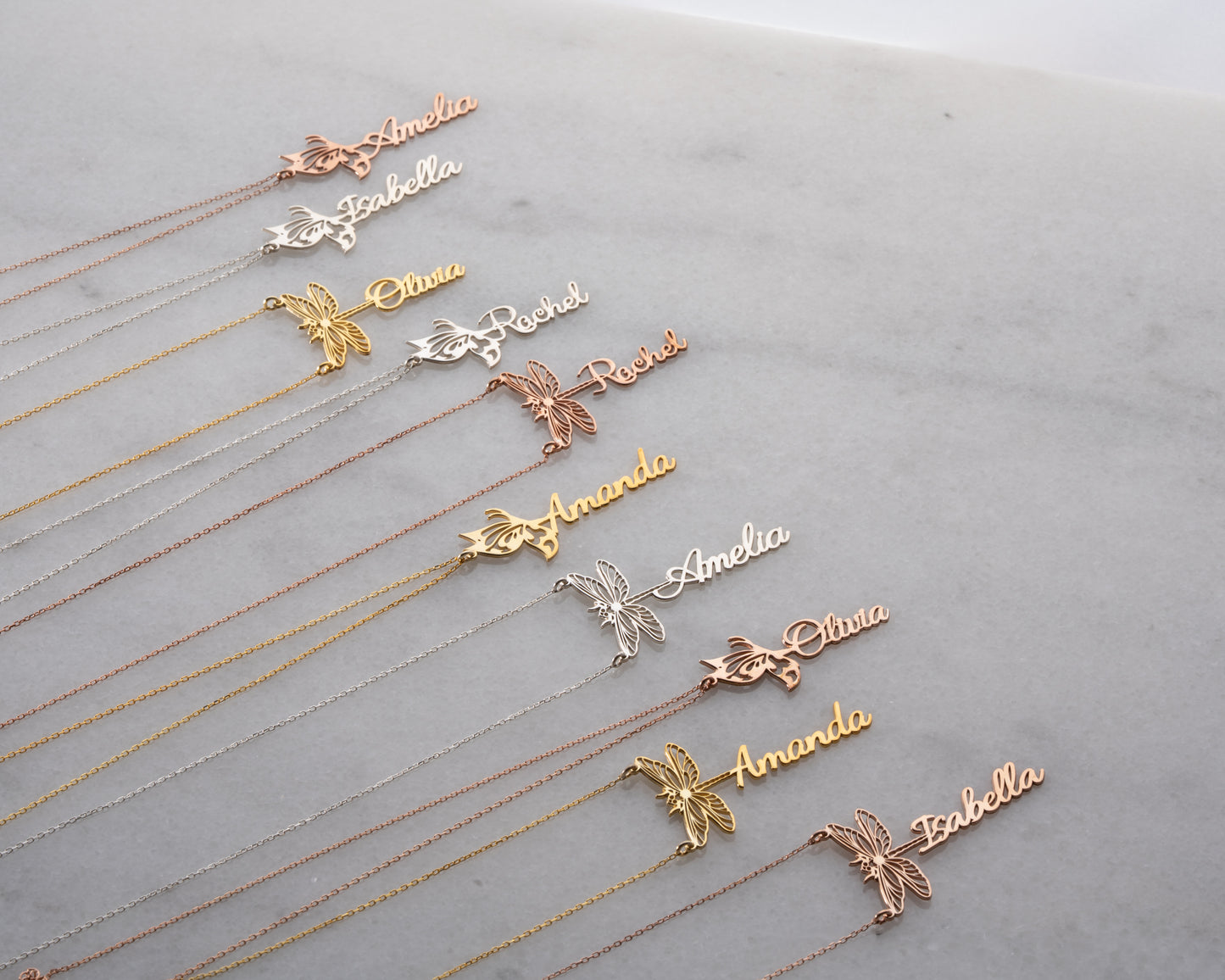 Personalized butterfly and dragonfly name necklace detail 13