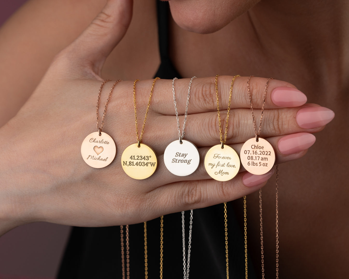 Personalized engraved disc necklace detail 8
