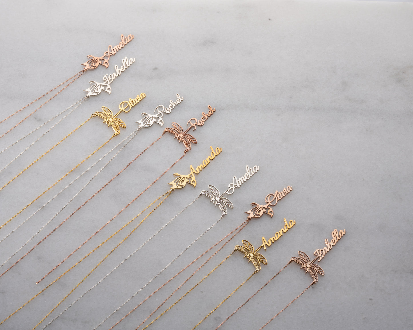 Personalized butterfly and dragonfly name necklace