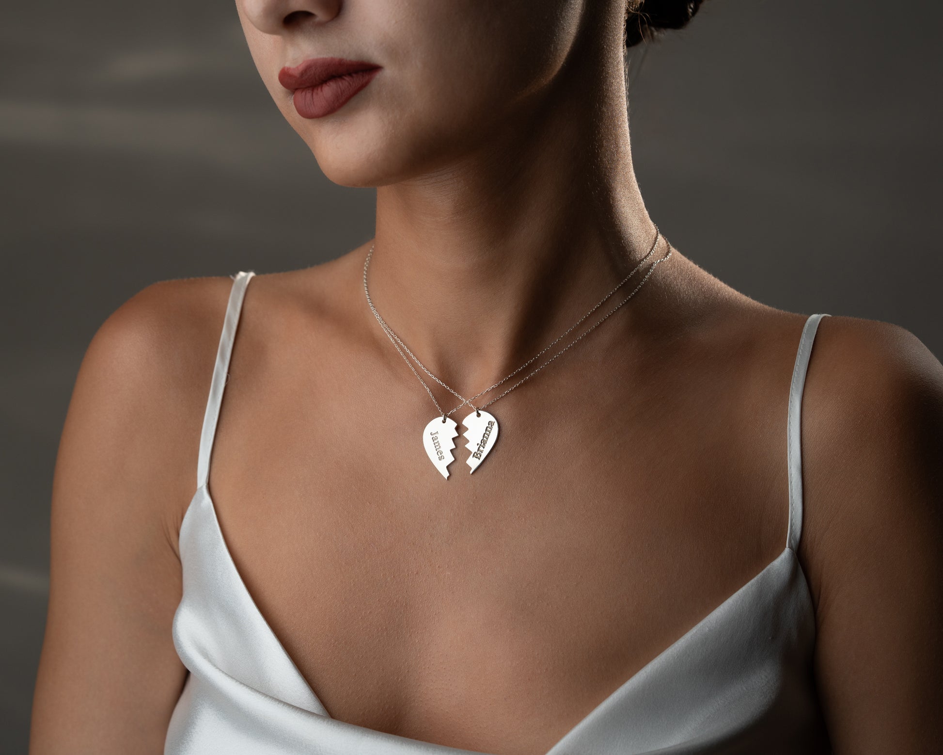 Personalized matching heart necklace set detail 10