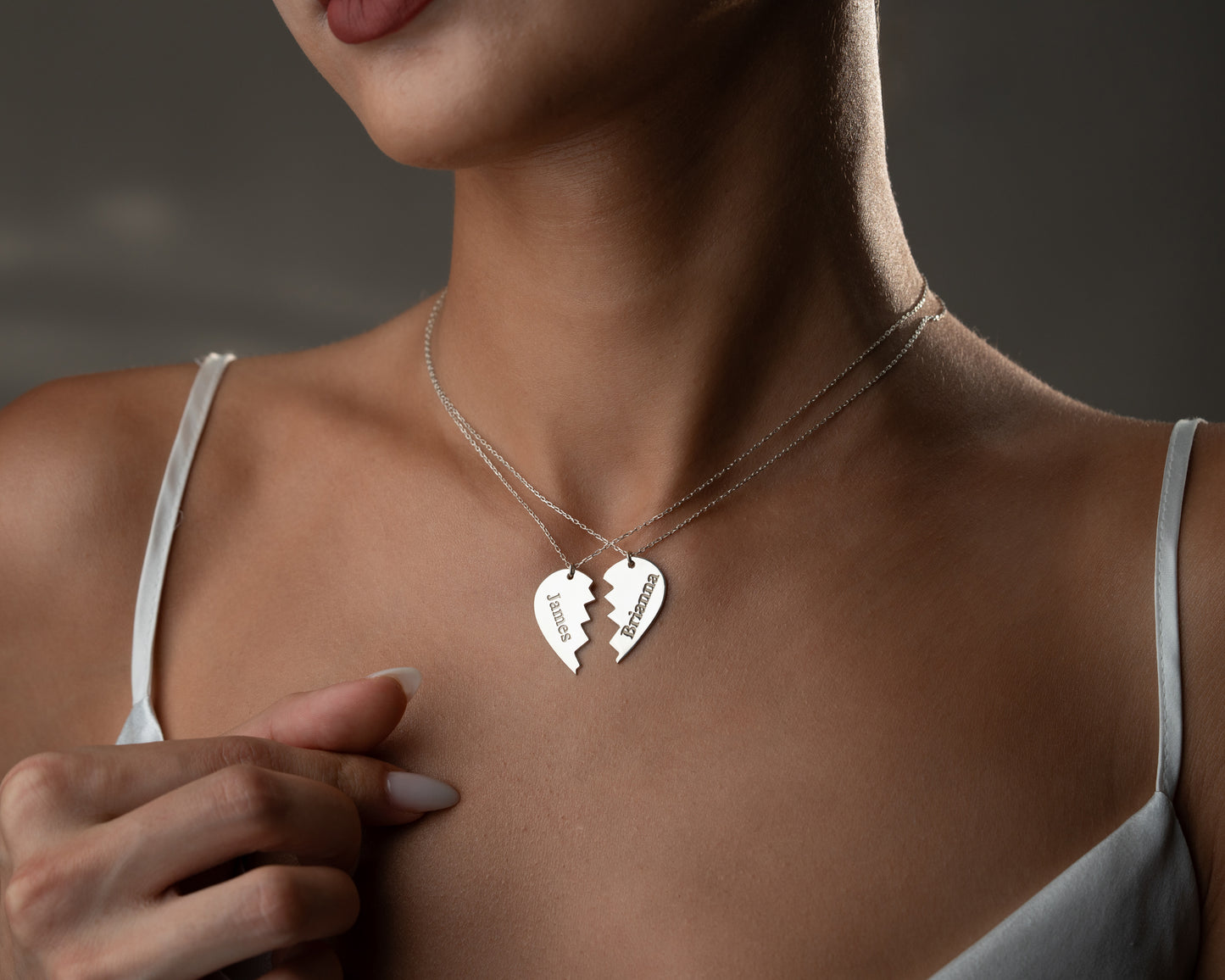 Personalized matching heart necklace set detail 8