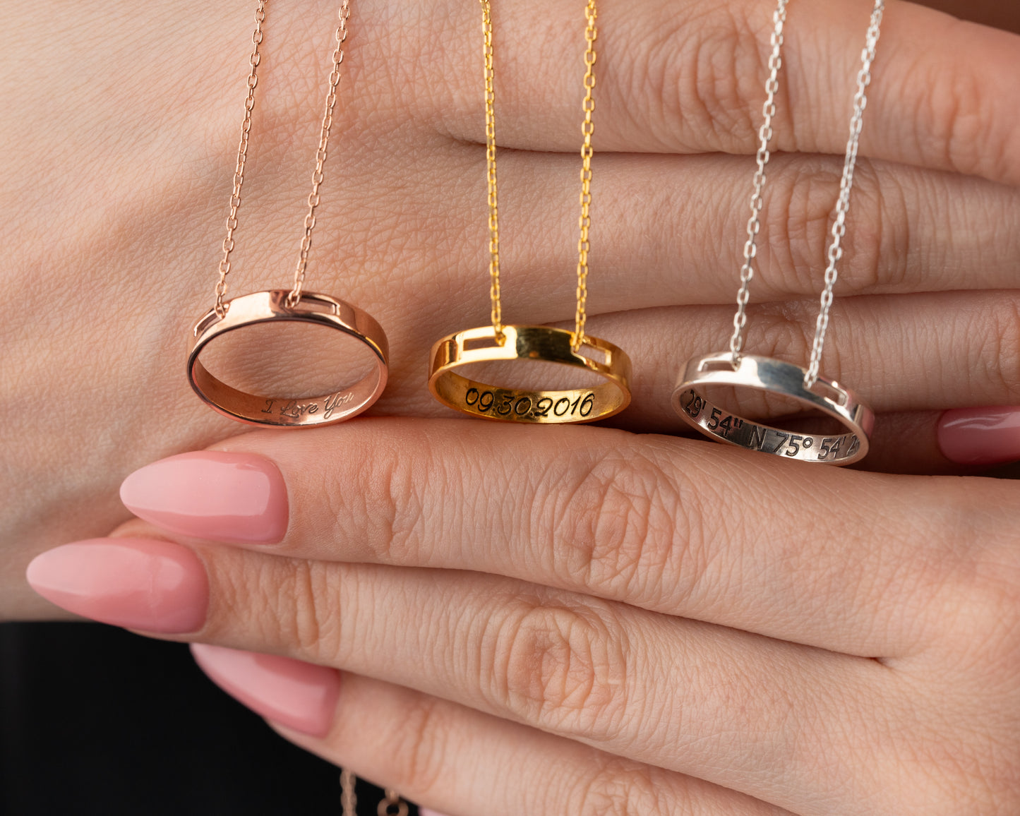 Engraved ring pendant necklace with date and coordinates