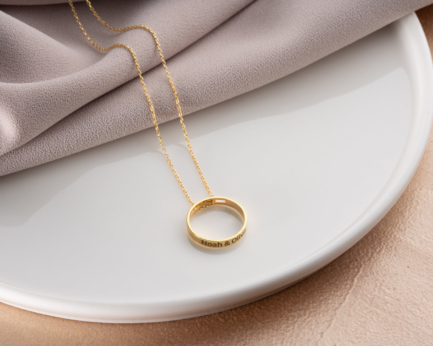 Engraved ring pendant necklace on model