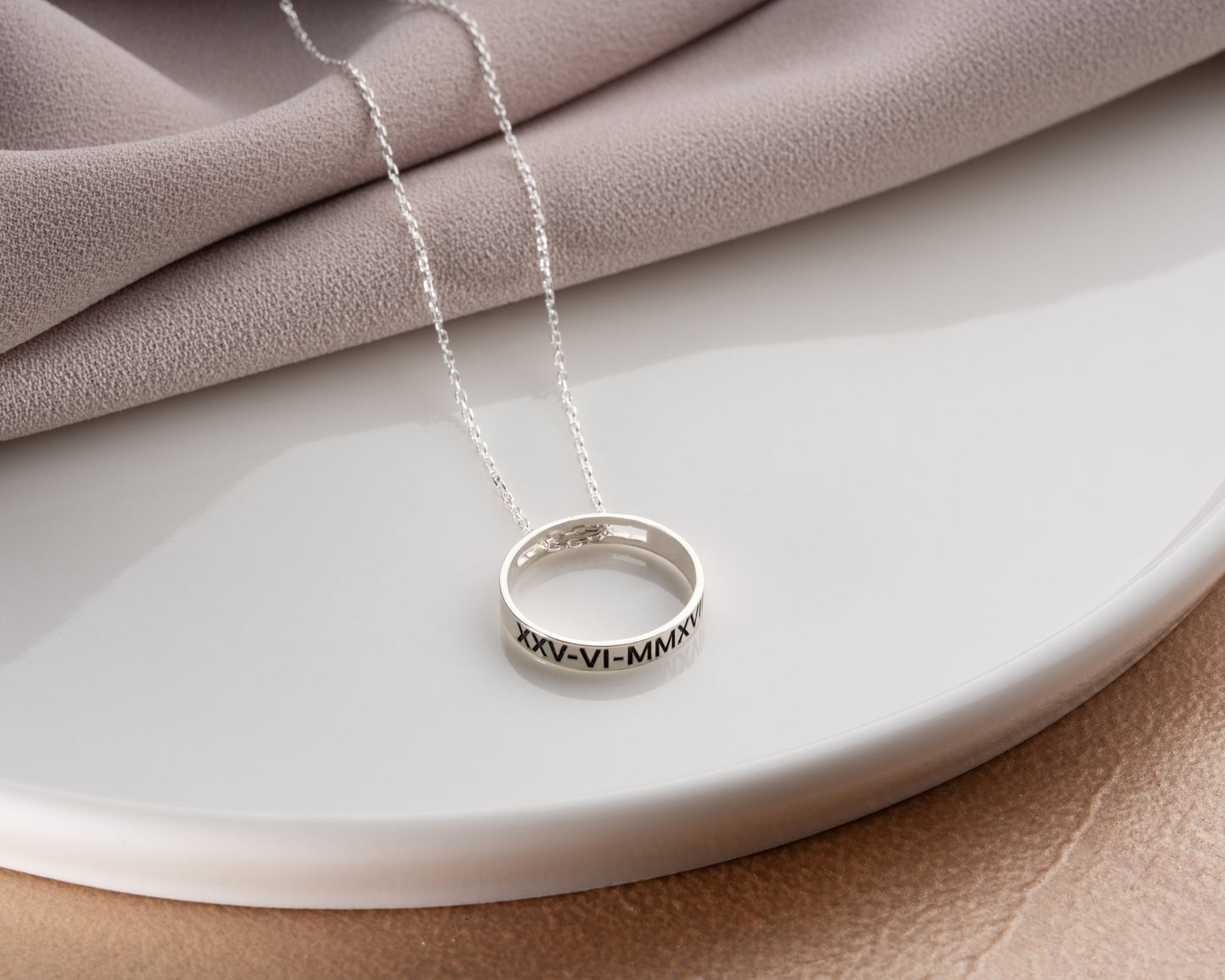 Personalized engraved ring pendant necklace close-up