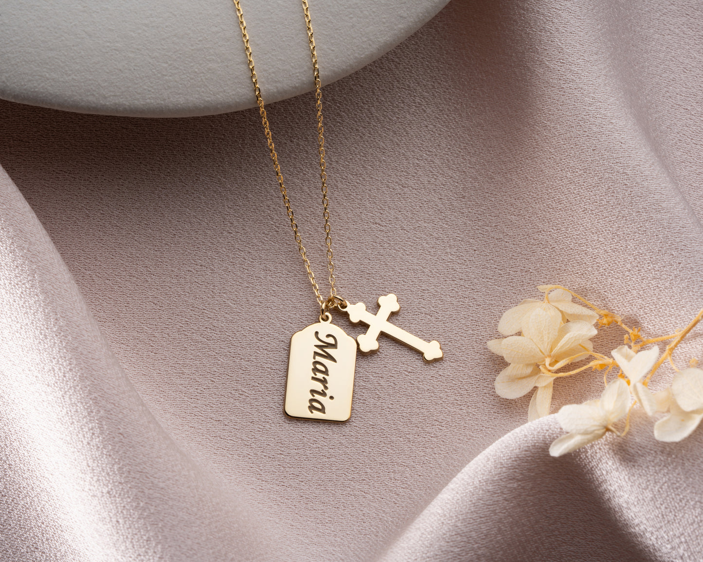 Gold engraved name cross necklace