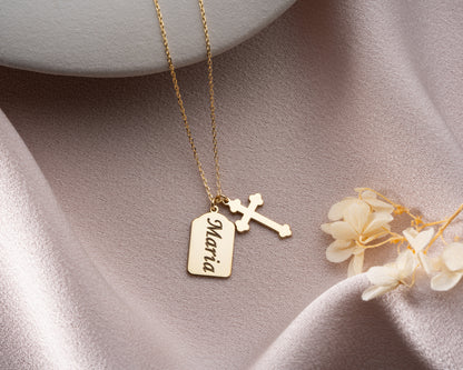 Gold engraved name cross necklace