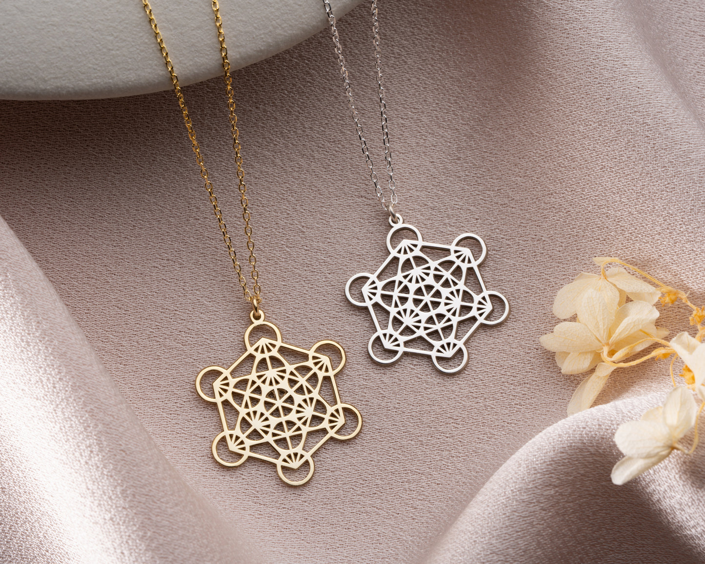 Gold Metatron's cube pendant detail