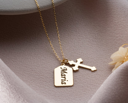 Gold personalized name cross necklace