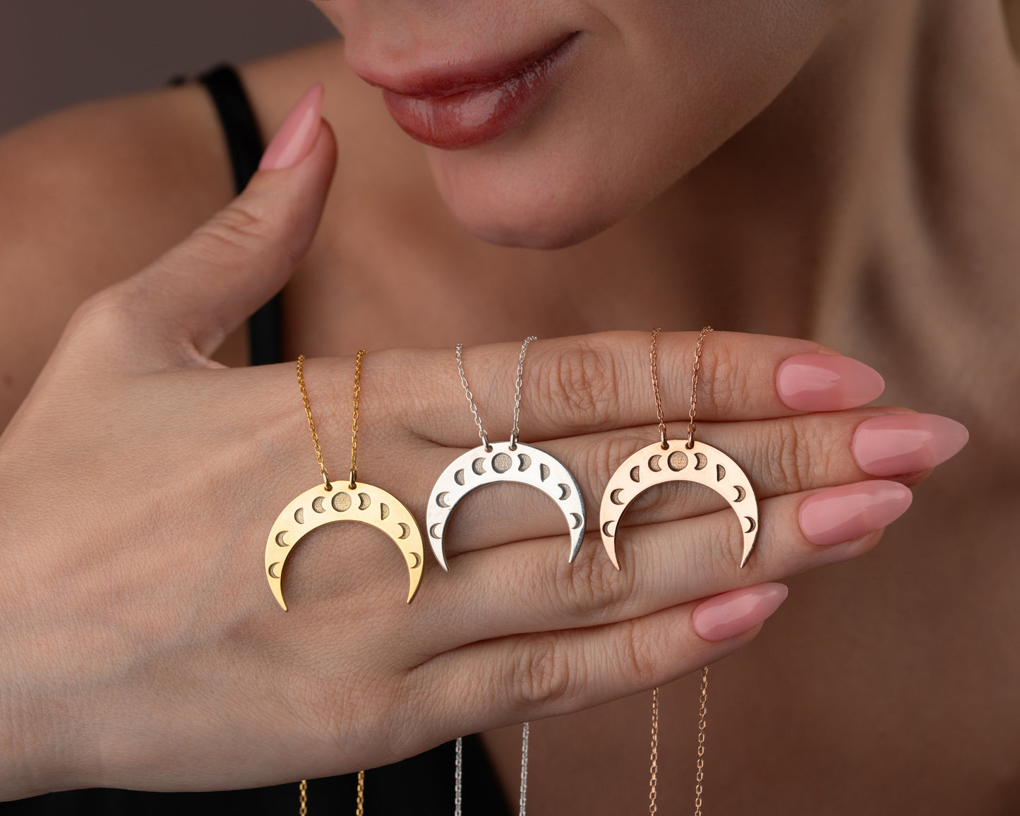 Moon phase crescent pendant in multiple finishes