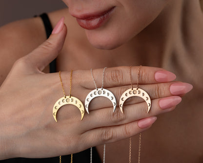 Moon phase crescent pendant in multiple finishes