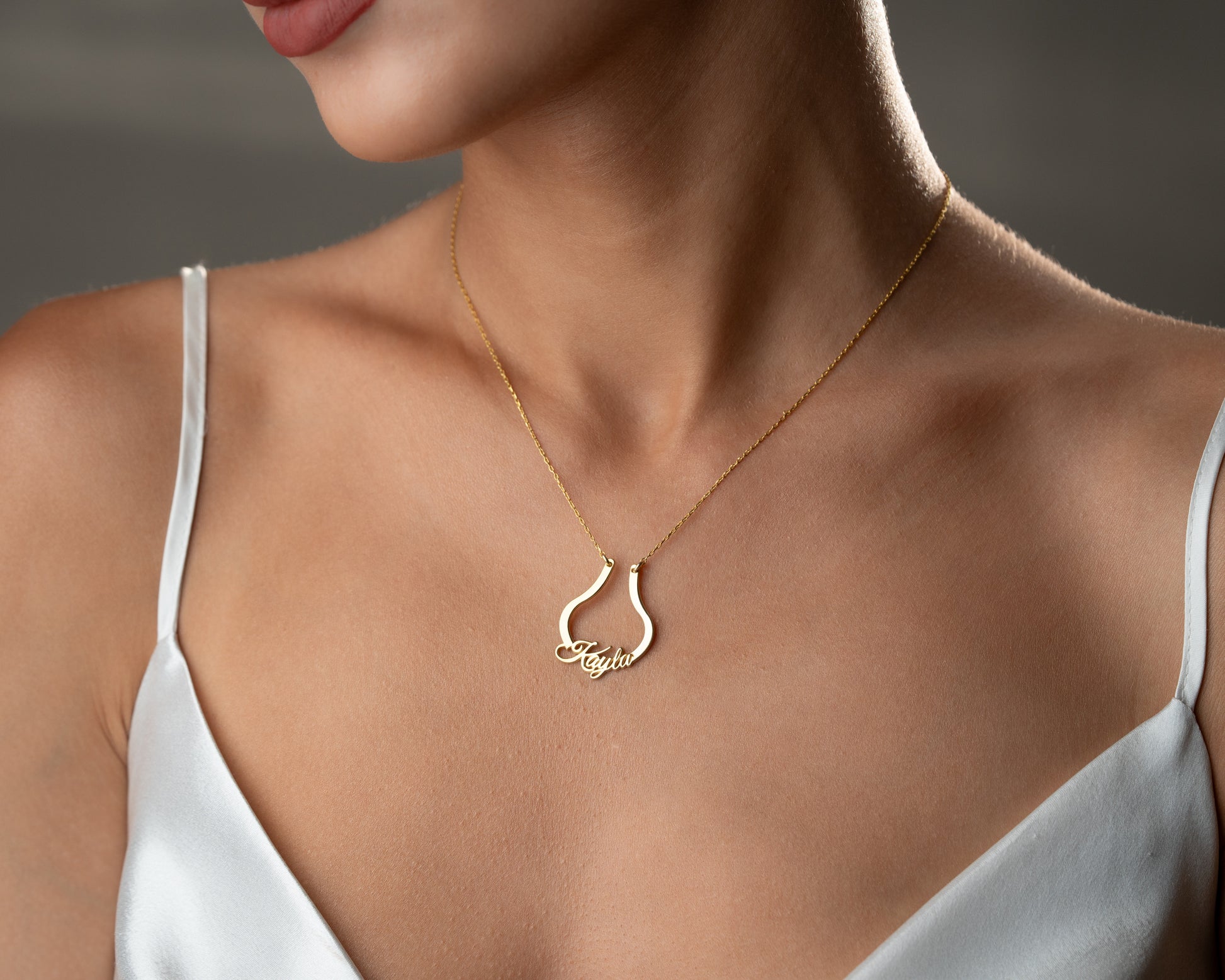 Name ring keeper necklace worn on model