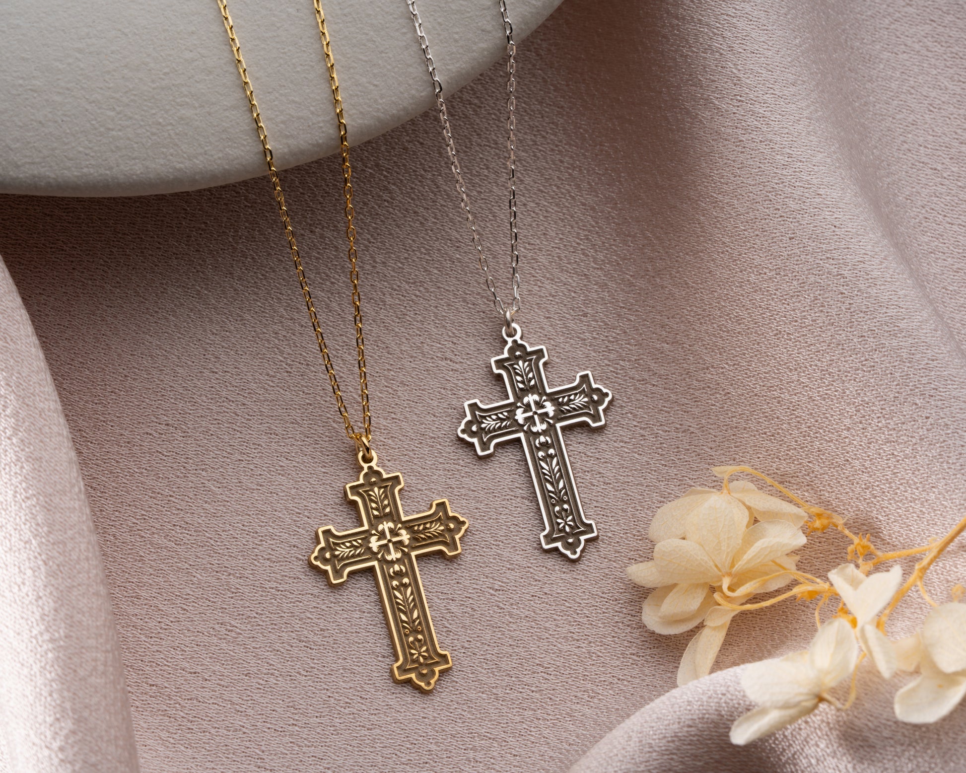 Ornate cross pendant finishes