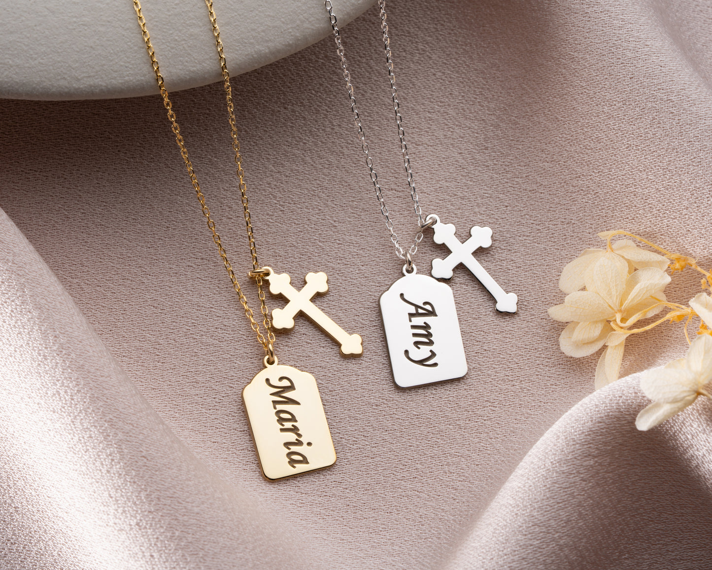 Personalized name cross necklaces in gold and silver
