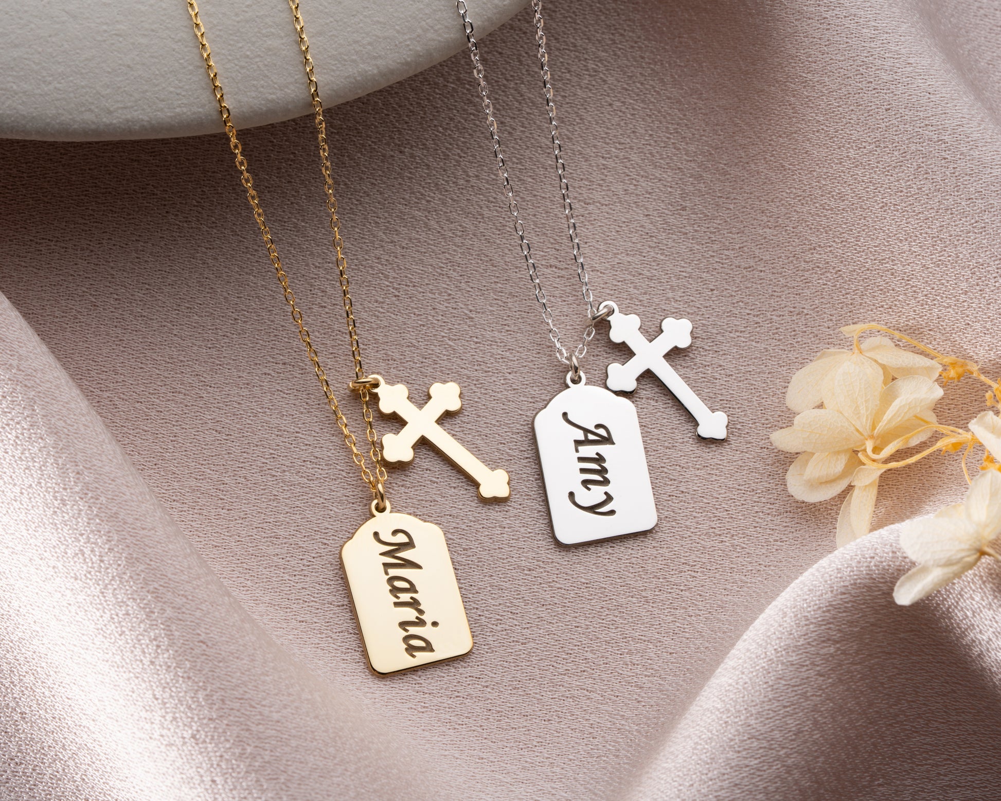 Personalized name cross necklaces in gold and silver