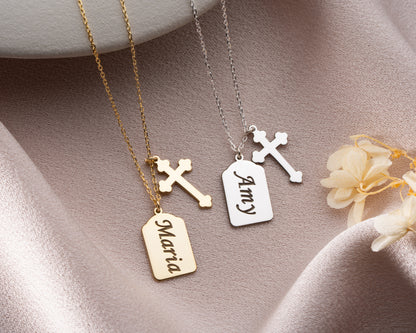 Personalized name cross necklaces in gold and silver