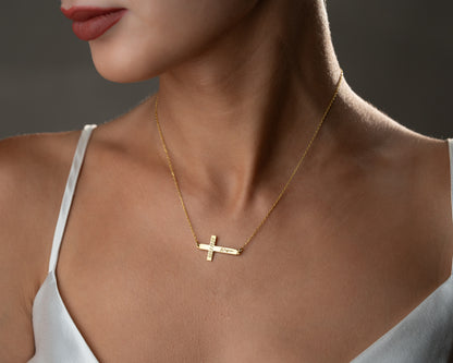 Personalized cross necklace worn on model