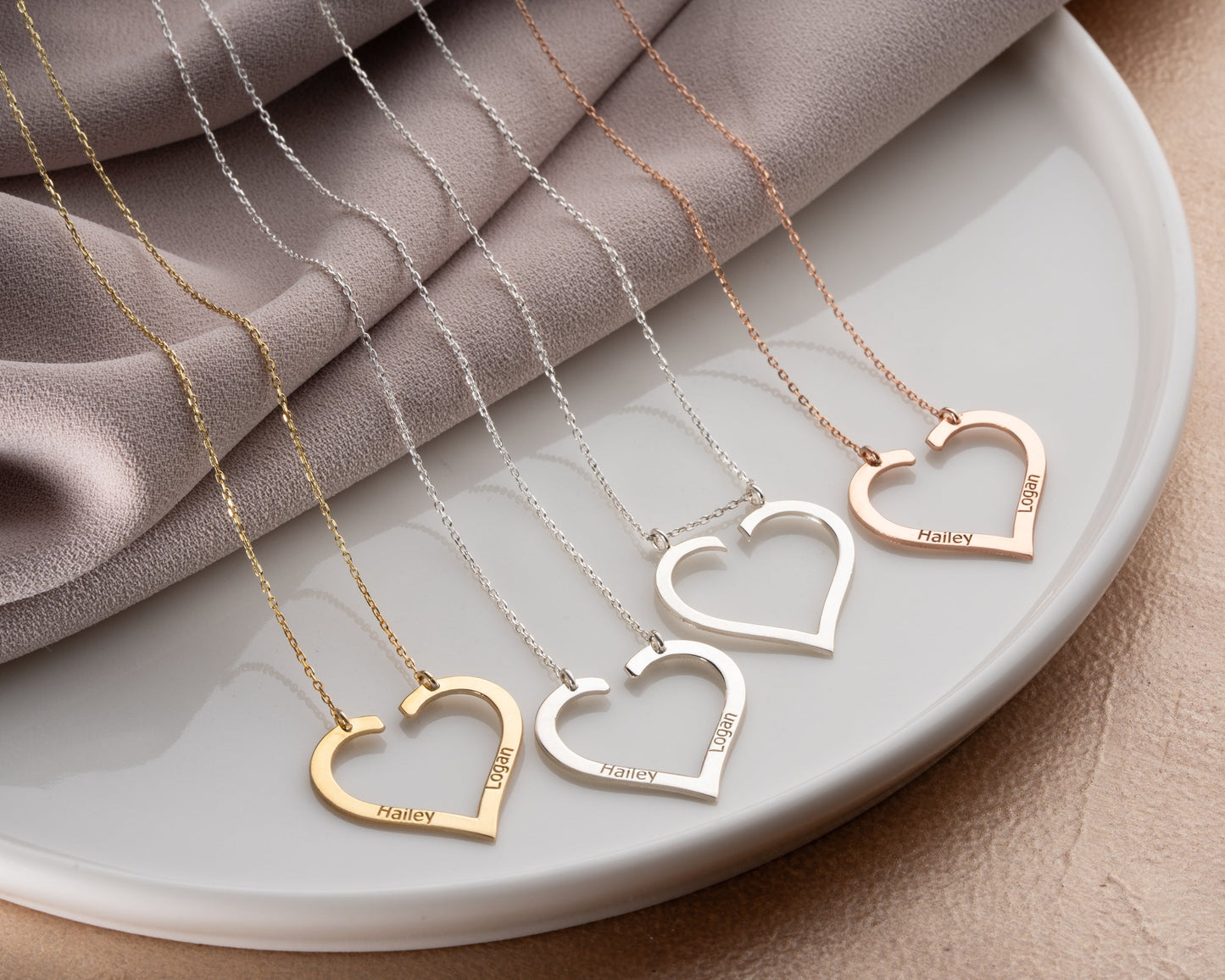 Custom open heart name necklace close-up
