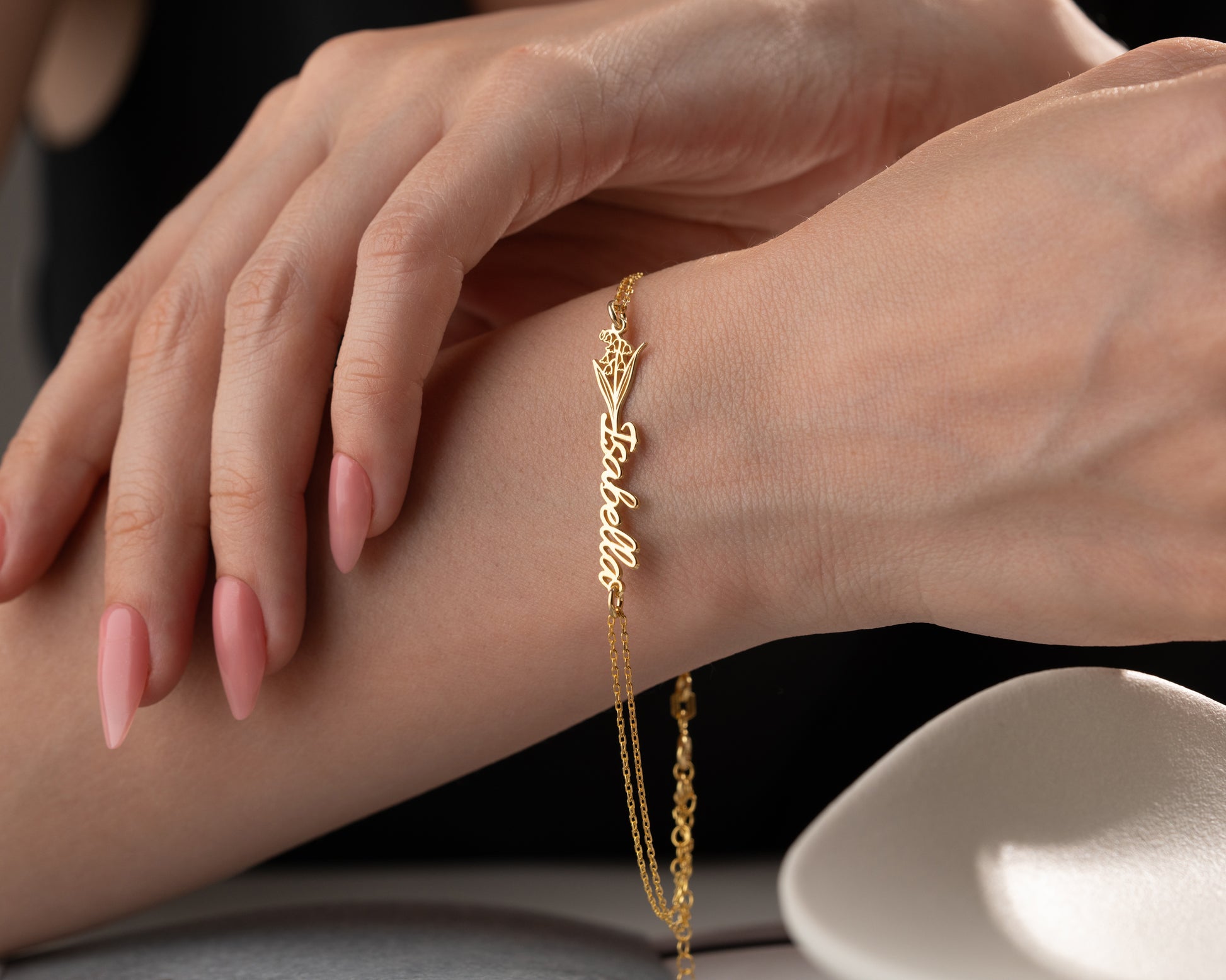 personalized name bracelet on wrist