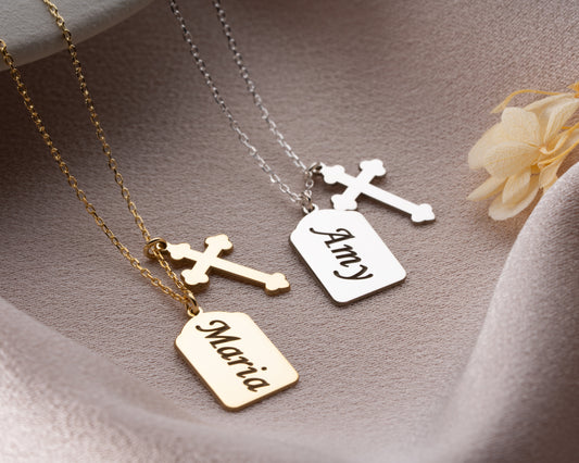 Personalized name cross necklaces in silver and gold