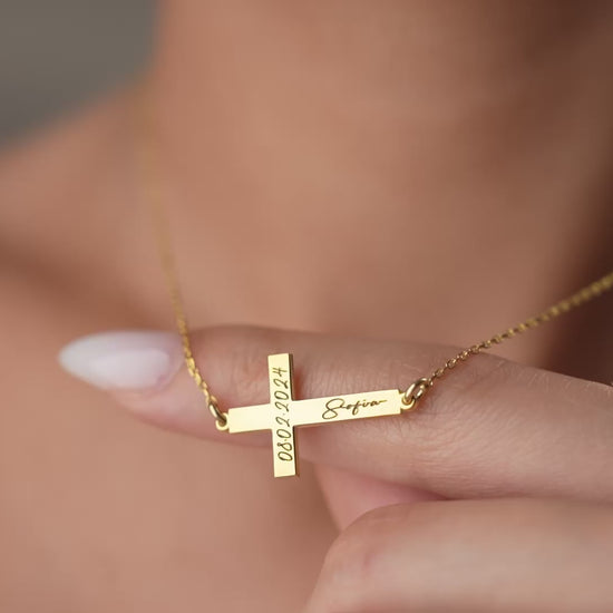 Engraved name and date cross necklace