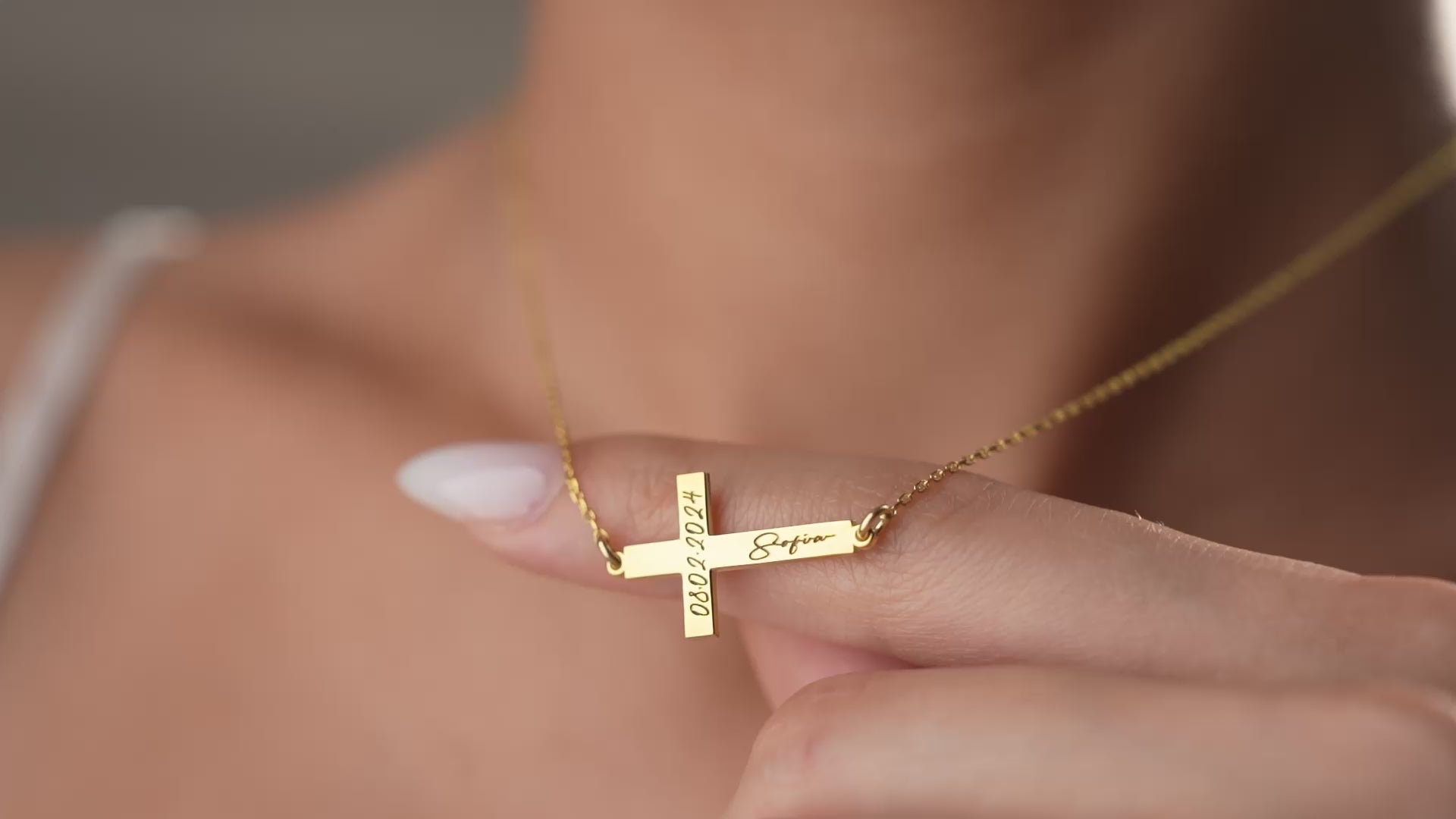 Engraved name and date cross necklace