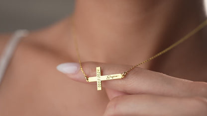 Engraved name and date cross necklace