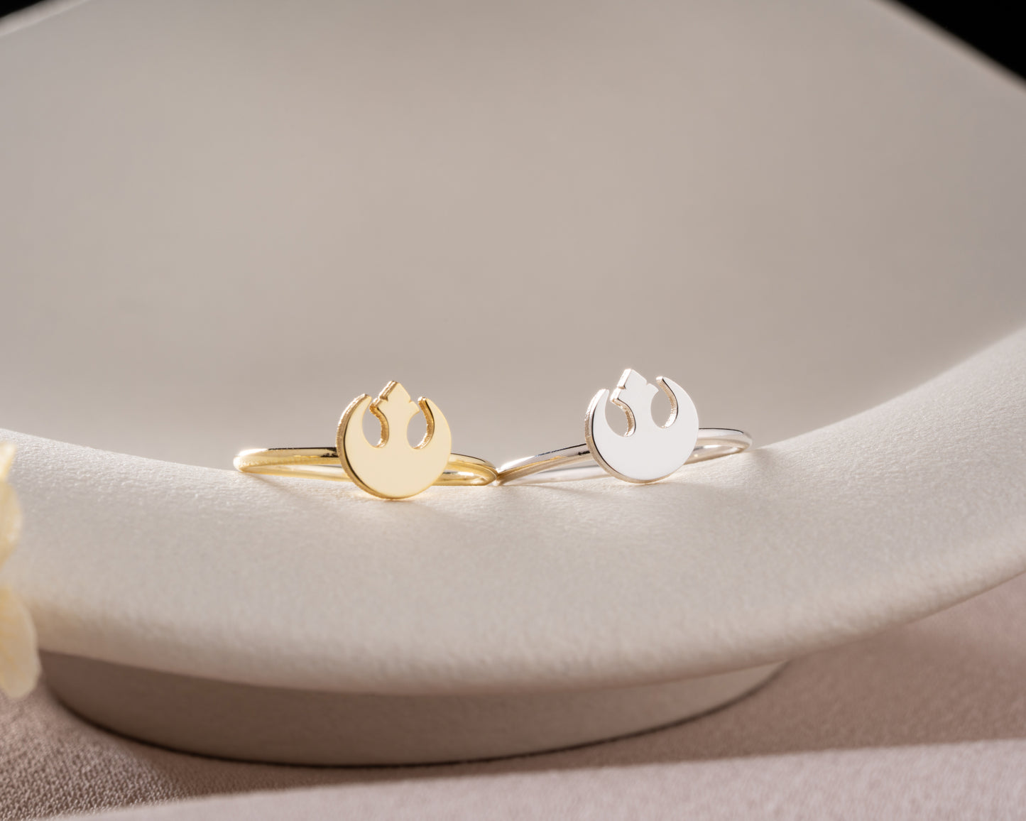 Rose gold rebel symbol ring option