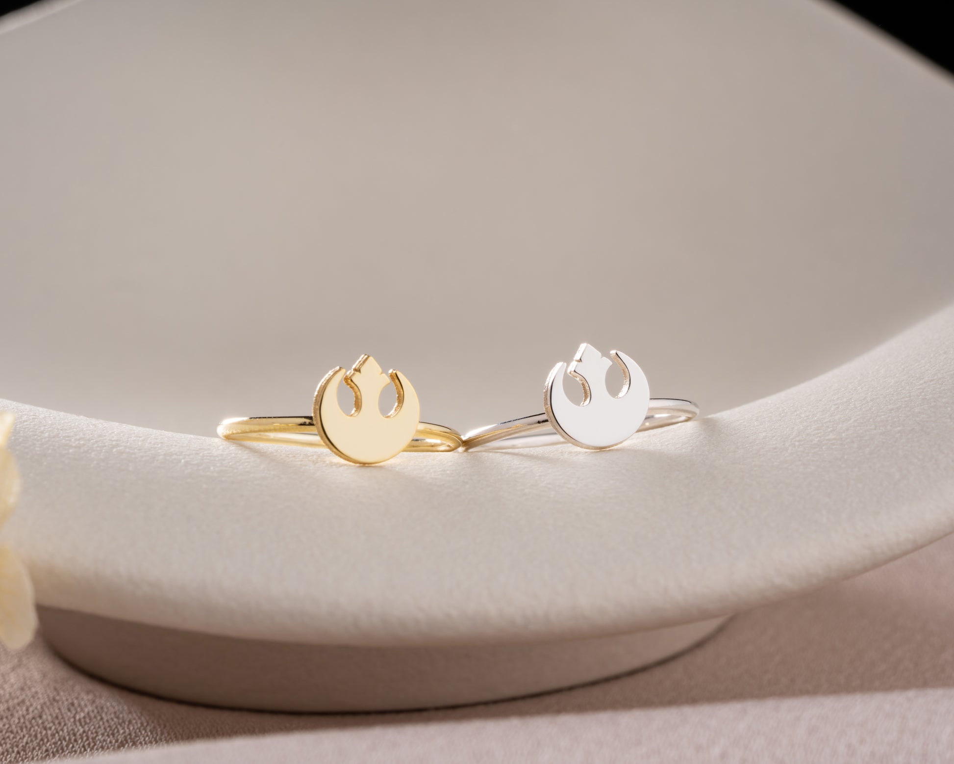 Rose gold rebel symbol ring option