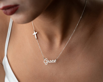 Side cross name necklace