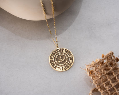 Zodiac wheel celestial pendant necklace